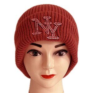 Men Women Rhinestones NY Winter Knit Fur lined Thick Beanie Hat - Plum Red